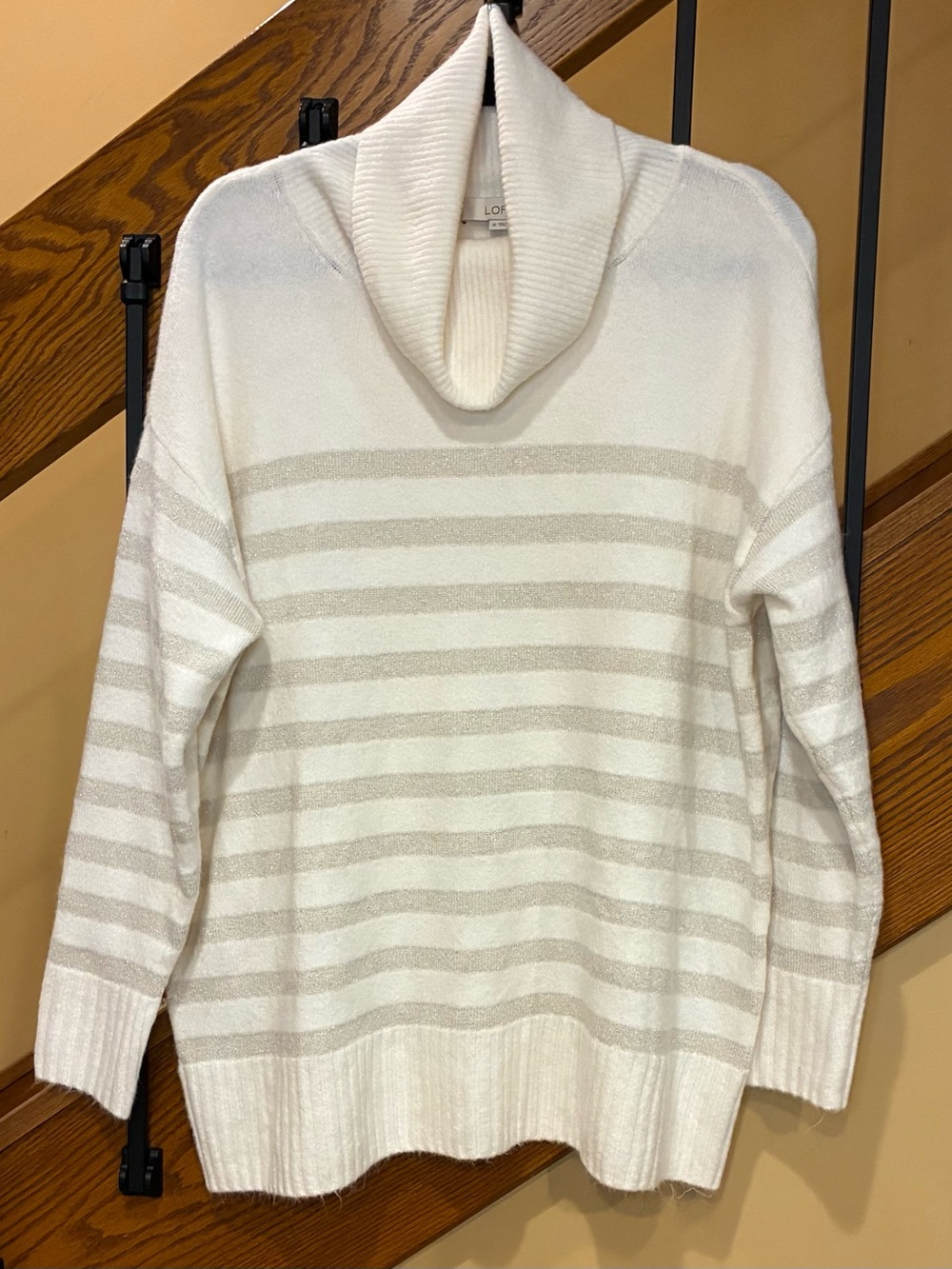 LOFT Sweater Cowl Neck Striped cream tan gold threading  SZ XL